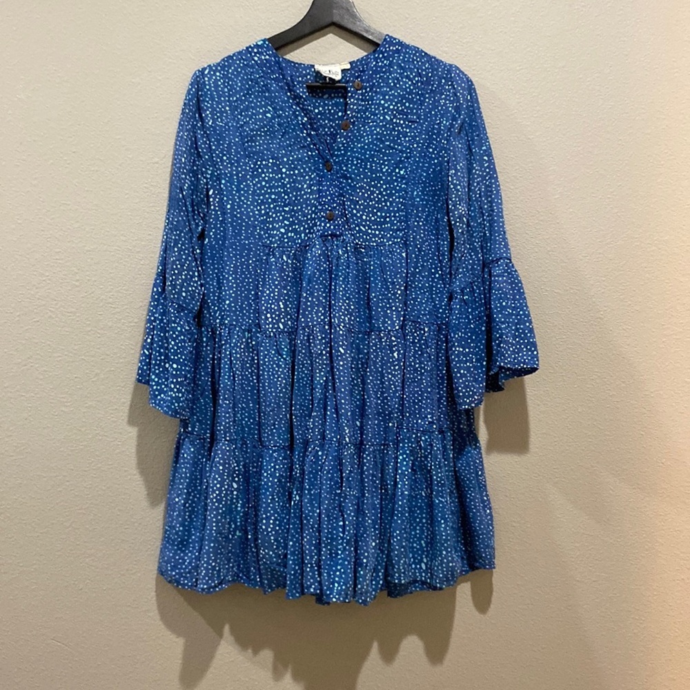 Go Fish Blue Polka Dot 3/4 Sleeve Henley Tiered Mini Dress Size S